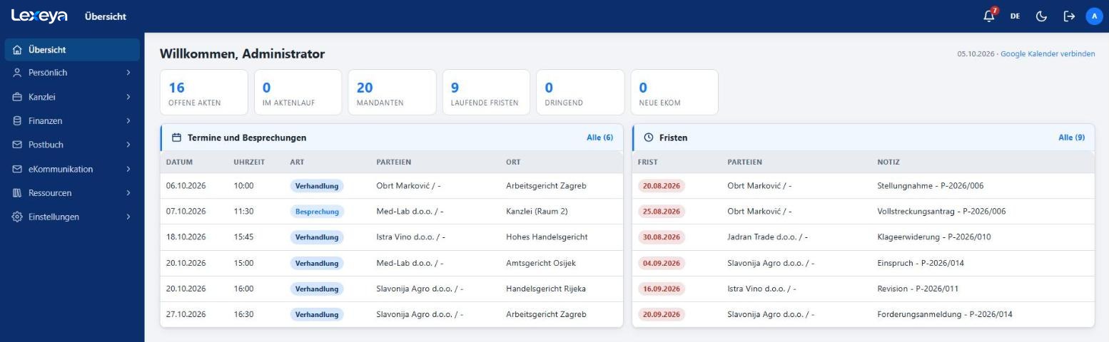 Lexeya, Übersicht (Dashboard) mit offenen Akten, Mandanten, Fristen, Verhandlungsterminen und Besprechungen