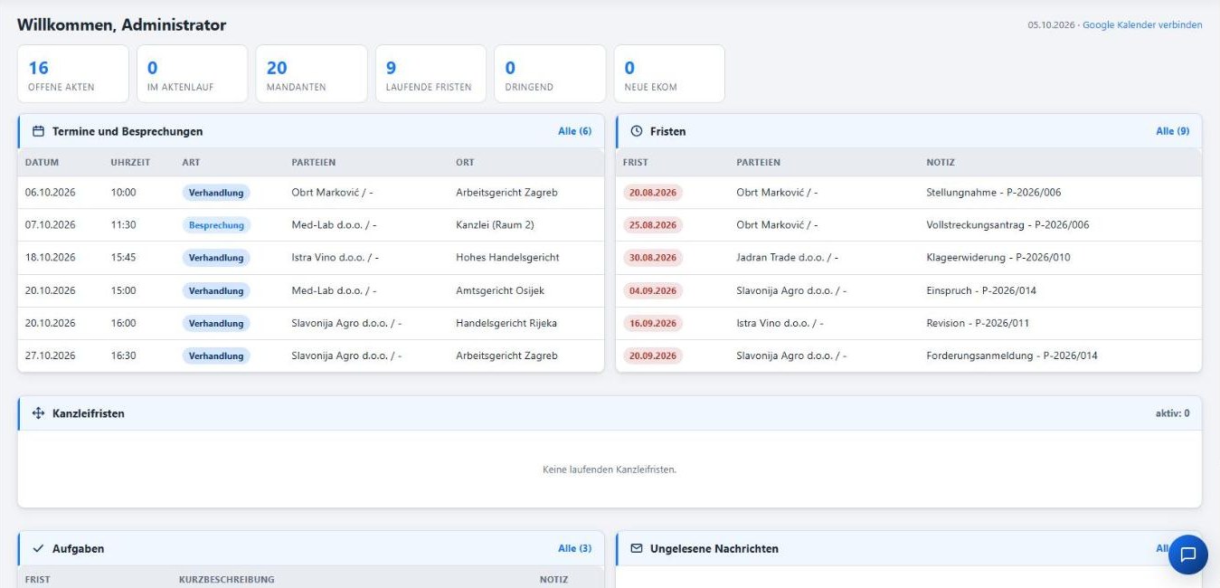 Lexeya Cloud im Browser: Übersicht (Dashboard) der Kanzlei