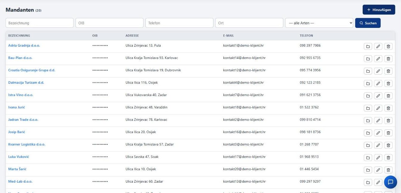 Lexeya, Mandantenverzeichnis mit Name, Adresse, E-Mail und Telefon