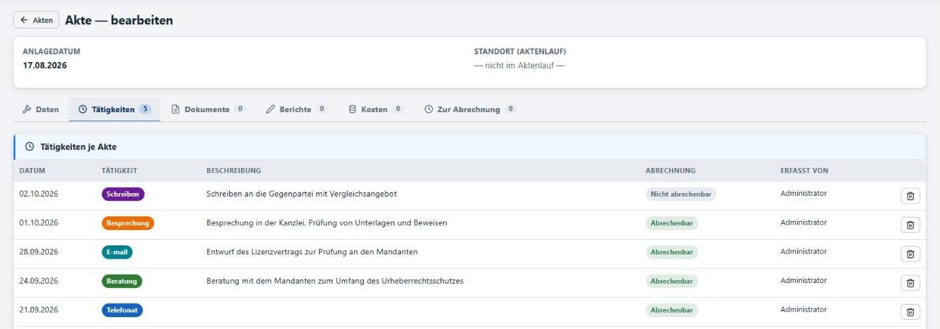 Lexeya, Tätigkeiten zur Akte mit Datum, Tätigkeitsart, Beschreibung, Abrechnung und Nutzer