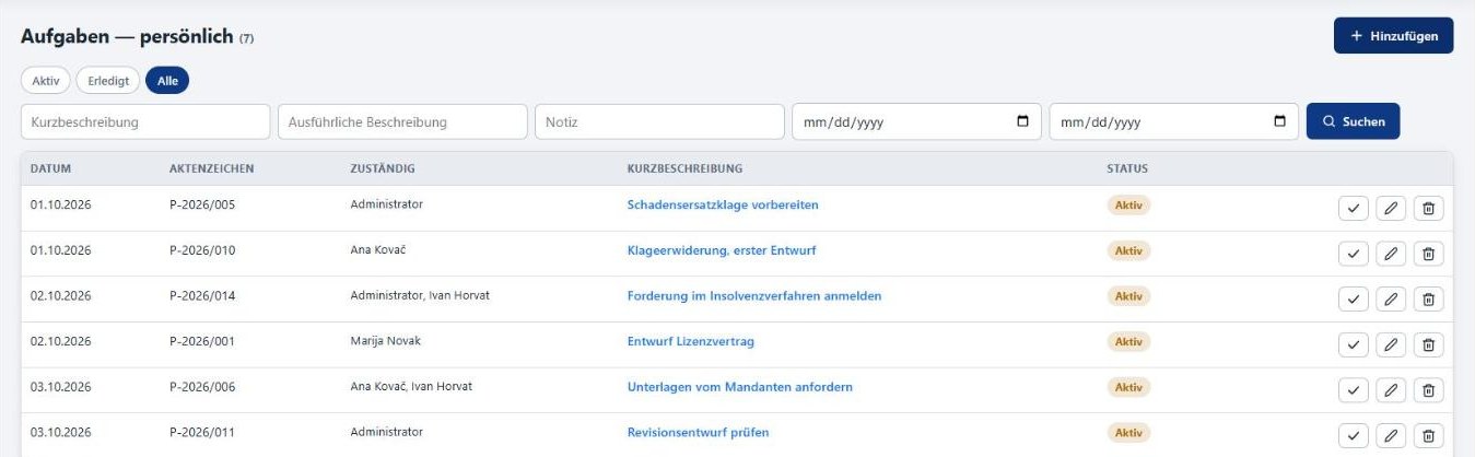 Lexeya, Aufgabenliste mit Aktenzeichen, zuständigen Personen und Status