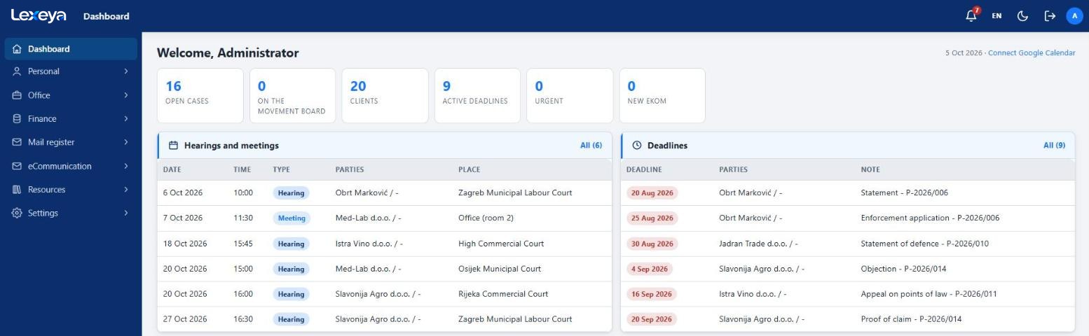 Lexeya dashboard showing an overview of open matters, clients, deadlines, hearings and meetings