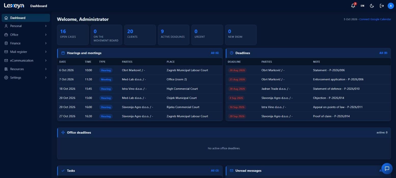 Lexeya in dark mode: open matters, clients, active deadlines, hearings and meetings