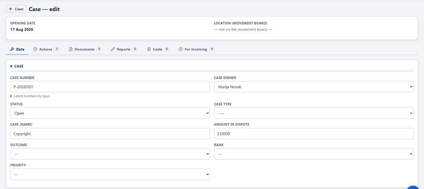 Lexeya matter with tabs for details, activities, documents, reports, costs and items to invoice