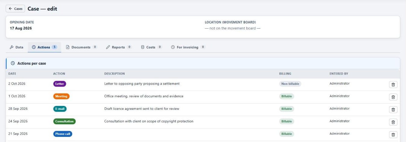 Lexeya activities on a matter with date, activity type, description, billing and user