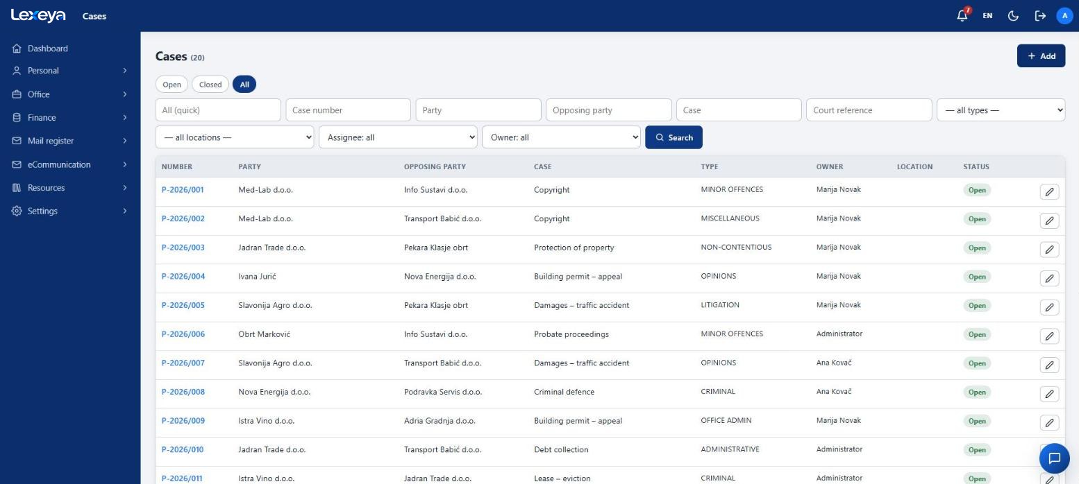 Lexeya matter list with filters by party, opposing party, matter, type, location and responsible lawyer