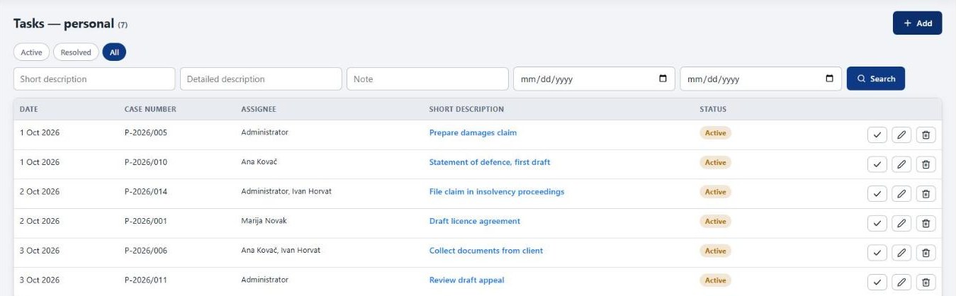 Lexeya task list with matter number, assigned people and status